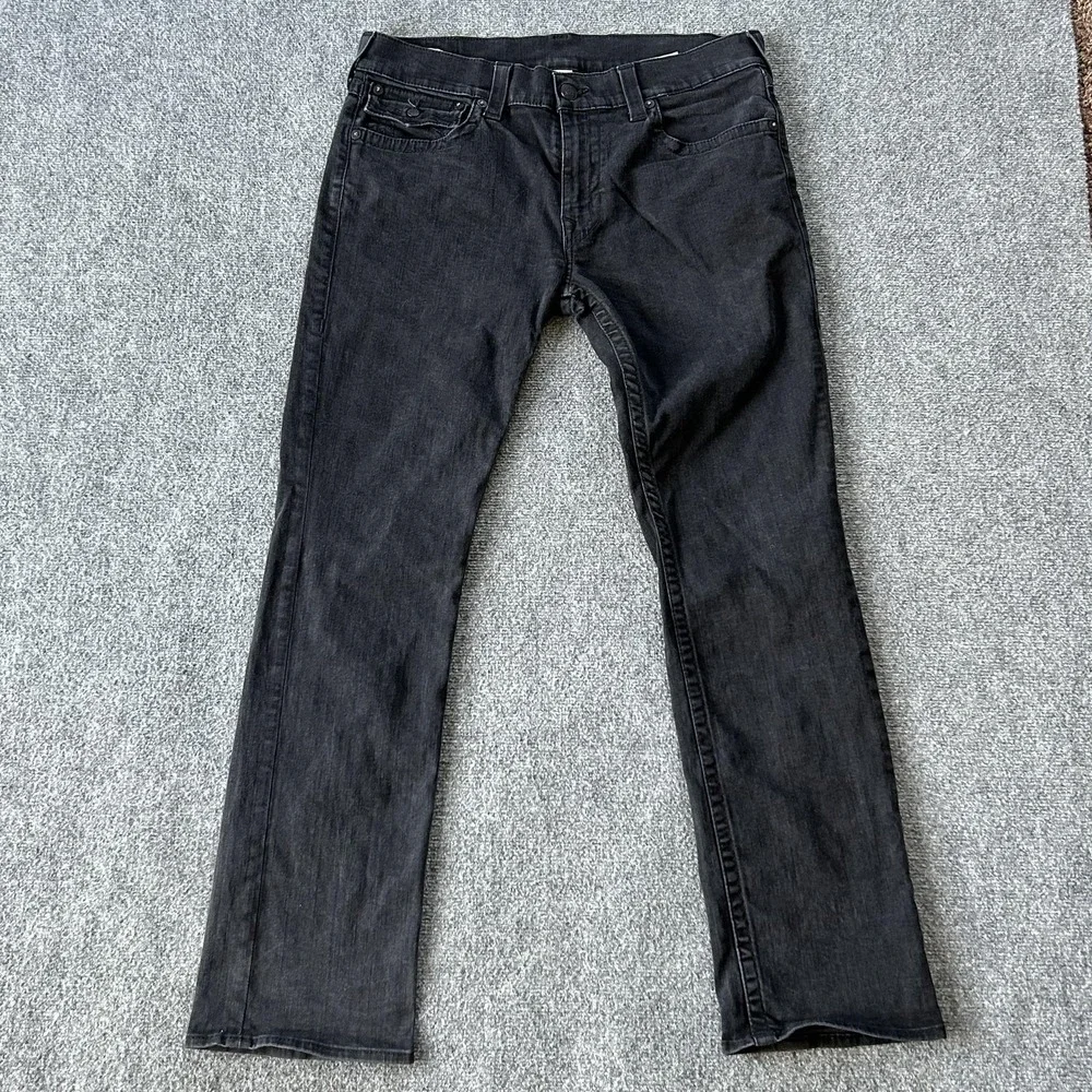 True Religion Ricky Relaxed Straight Jeans Mens 36x33 Black Rinse Flap‎ Pockets